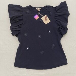 NWT Carolyn Taylor Women's Medium Navy Ruffle Sleeve Floral Applique Top